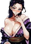  1girl ai-assisted bare_shoulders blue_eyes blush breasts cleavage earrings highres japanese_clothes jewelry kimono large_breasts long_hair looking_at_viewer nico_robin obi off_shoulder one_piece purple_hair purple_kimono sash solo vcias white_background 