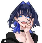  1girl blue_eyes blue_hair choker cross cross_earrings earrings fangs hair_between_eyes hair_intakes hololive hololive_english jewelry koizumi_arata looking_at_viewer medium_hair open_mouth ouro_kronii teeth tongue transparent_background upper_body 