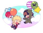  2boys balloon black_gloves black_shorts blonde_hair brown_hair brown_jumpsuit chibi chibi_only cloud creeper falling fang fingerless_gloves full_body gloves heart_balloon holding holding_balloon hood hood_up jumpsuit koneshima kotorai male_focus marumaru_no_shuyaku_wa_wareware_da! minecraft multiple_boys red_shirt shaded_face sharp_teeth shirt shorts signature star_balloon sweatdrop teeth zom 