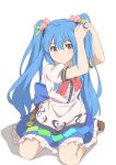  1girl adjusting_hair blue_hair blue_skirt blush brown_footwear center_frills closed_mouth frilled_skirt frills full_body gyouza_(mhea5724) hair_between_eyes highres hinanawi_tenshi long_hair puffy_short_sleeves puffy_sleeves red_eyes shirt shoes short_sleeves sidelocks simple_background skirt solo touhou two_side_up white_background white_shirt 