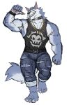 anthro barefoot belt biceps bottomwear canid canine canis claws clothed clothing collar cross denim denim_bottomwear denim_clothing digit_ring digital_media_(artwork) dislyte fangs feet freddy_(dislyte) fur hi_res jeans jewelry looking_at_viewer male mammal muscular muscular_anthro muscular_male necklace nipples pants pawpads pecs ring rossciaco scar shirt simple_background smile solo standing tail teeth toe_claws toe_ring toes topwear torn_clothing wolf