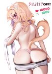  1girl :p animal_ear_fluff animal_ears ass blonde_hair breasts cat_ears cat_tail commentary cowboy_shot facial_mark from_behind heart highres indie_virtual_youtuber looking_at_viewer looking_back low_twintails medium_breasts multicolored_hair panties purple_hair short_shorts shorts shyrei_faolan smile solo squchan standing streaked_hair striped_clothes striped_panties tail thighs tongue tongue_out topless twintails underwear whisker_markings white_shorts 