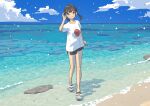  1girl absurdres beach black_hair blue_sky cloud highres looking_at_viewer mashiro_ka ocean original rock shirt short_hair sky summer waves white_shirt 