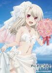  1girl 2021 :d bare_shoulders bikini blonde_hair blue_sky blush bouquet breasts bridal_veil bride cloud collarbone copyright_name copyright_notice day fate/kaleid_liner_prisma_illya fate_(series) flower hair_flower hair_ornament highres holding holding_bouquet illyasviel_von_einzbern jewelry logo long_hair looking_at_viewer navel necklace official_art open_mouth outdoors red_eyes rose sky small_breasts smile solo swimsuit veil white_bikini 