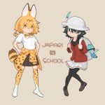  2girls :3 adapted_costume animal_ears backpack bag black_hair blonde_hair blue_eyes blush bow bowtie clothes_around_waist collared_shirt commentary_request eyebrows_visible_through_hair hands_on_hips highres holding_strap kaban_(kemono_friends) kemono_friends loafers long_sleeves lucky_beast_(kemono_friends) multicolored_hair multiple_girls pantyhose pleated_skirt print_legwear print_neckwear sailor_collar school_uniform serval_(kemono_friends) serval_ears serval_print serval_tail shirt shoes short_hair short_sleeves skirt sweater sweater_around_waist tail thighhighs tuttucom yellow_eyes zettai_ryouiki 