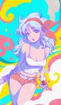  1girl abstract_background aqua_hair bare_shoulders belt breasts cleavage dragon_ball dragon_ball_(classic) fingerless_gloves gloves hairband highres kanchiyo looking_at_viewer lunch_(dragon_ball) midriff multicolored_background open_mouth red_hairband short_shorts shorts tank_top thighs white_tank_top 