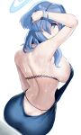  1girl absurdres ako_(blue_archive) ako_(dress)_(blue_archive) ass back backless_dress backless_outfit bare_shoulders blue_archive blue_dress blue_eyes blue_hair blush bracelet breasts dress hair_between_eyes hairband halo highres jewelry kazane-wind large_breasts looking_at_viewer looking_back medium_hair official_alternate_costume sideboob solo sweat 