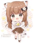  1girl :d animal_ear_fluff animal_ears bare_legs bell blunt_bangs blush bow bowtie brown_eyes brown_footwear brown_hair brown_skirt cat_ears cat_tail chibi eyebrows_hidden_by_hair hair_bow hair_ornament hairclip hands_up highres jingle_bell long_hair long_sleeves looking_at_viewer mike_mochi open_mouth original paw_pose pleated_skirt ribbon-trimmed_clothes ribbon_trim shirt simple_background skirt smile standing tail white_shirt wide_sleeves 