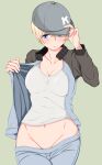  1girl adjusting_clothes adjusting_headwear baseball_cap blue_eyes blue_headwear blue_jacket blue_pants blush breasts cleft_of_venus closed_mouth clothes_pull commentary cowboy_shot frown girls_und_panzer green_background hat jacket keizoku_military_uniform large_breasts long_sleeves looking_at_viewer military_uniform navel no_panties no_shirt open_clothes open_jacket opened_by_self pants pants_pull raglan_sleeves shirt short_hair simple_background solo standing tanaka_rikimaru track_jacket track_pants uniform white_hair white_shirt youko_(girls_und_panzer) 