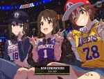  3girls baseball_cap blue_headwear blue_shirt brown_eyes brown_hair character_request denim denim_skirt double_v english_text green_eyes hachimura_rui hat highres honda_mio idolmaster idolmaster_cinderella_girls leg_tattoo long_hair los_angeles_lakers multiple_girls national_basketball_association new_generations_(idolmaster) phoenix_suns pink_shirt shibuya_rin shimamura_uzuki shirt skirt smile stadium star_(symbol) star_tattoo tabuse_yuta tattoo v watanabe_yuta white_shirt yazawa_happyaro yellow_shirt 