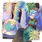  1girl arm_support arutarika_(ri_kaoekaki) bench blue_hair clair_(new_year&#039;s_2024)_(pokemon) clair_(pokemon) commentary_request drampa earrings eyelashes fireworks hair_between_eyes hair_ornament highres japanese_clothes jewelry kimono long_hair musical_note official_alternate_costume parted_lips pokemon pokemon_(creature) pokemon_masters_ex ponytail sash sitting smile 