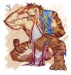 abs anthro armpit_hair balls biceps body_hair claws felid genitals hi_res kourney male mammal muscular muscular_anthro muscular_male nipples pantherine pawpads pecs penis rude_(kourney) scar solo striped_body stripes tail tiger