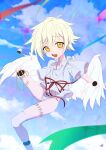  1girl absurdres amputee angel_wings anime_coloring blue_sky blush cloud commentary_request feathered_wings flat_chest flying highres looking_at_viewer nomura_kitan open_mouth original panties shirt short_hair sky smile solo underwear white_hair white_wings wings yellow_eyes 