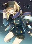  aqua_eyes artoria_pendragon_(all) blonde_hair boots chibirisu chromatic_aberration excalibur fate_(series) hat highres holding holding_sword holding_weapon jacket long_hair looking_at_viewer mysterious_heroine_x open_mouth ponytail rojiura_satsuki:_chapter_heroine_sanctuary scarf shorts solo sword teeth weapon 