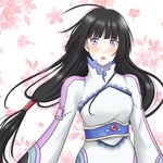  1girl black_hair blush bodysuit breasts flower frills kohak_hearts long_hair open_mouth purple_eyes tales_of_(series) tales_of_hearts 