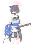 1girl absurdres animal_ears bass_guitar black_choker black_hair black_mask blue_archive cat_ears choker closed_mouth clothes_around_waist collarbone extra_ears feet_out_of_frame fender_jazz_bass hair_ornament hairclip halo highres instrument jacket jacket_around_waist kazusa_(blue_archive) mask matsuda_hikari mouth_mask official_alternate_costume pink_hair pink_halo pleated_skirt red_eyes shirt short_hair short_sleeves simple_background skirt solo surgical_mask thigh_strap white_background white_shirt white_skirt 