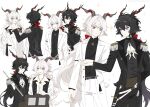  2boys :d animal_ears arknights black_hair black_jacket black_pants black_shirt black_vest bow closed_mouth collarbone collared_shirt dress_shirt ebenholz_(arknights) flute hair_between_eyes hair_bow highres holding holding_hands holding_instrument horns instrument interlocked_fingers jacket kreide_(arknights) long_hair long_sleeves male_focus multiple_boys pants purple_eyes red_bow revision rio_(rio773) sheath sheathed shirt simple_background smile sword very_long_hair vest weapon white_background white_hair white_jacket white_pants 