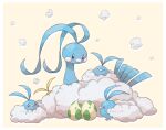  altaria bird closed_mouth commentary_request egg evolutionary_line fluffy looking_up no_humans pokemon pokemon_(creature) pokemon_egg standing swablu towa_(clonea) yellow_background 