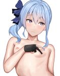  1girl averting_eyes black_gloves blue_eyes blue_hair breasts closed_mouth completely_nude gloves hair_between_eyes hand_up high_side_ponytail highres hololive hoshimachi_suisei nipples nude partially_fingerless_gloves simple_background small_breasts solo star_(symbol) star_in_eye symbol_in_eye tuna_(111_tuna) upper_body v virtual_youtuber wavy_hair wavy_mouth white_background 