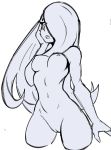  1girl bangs breasts cleft_of_venus cowboy_shot cropped_legs hair_over_one_eye little_witch_academia long_hair medium_breasts nipples nude pussy sharp_teeth simple_background solo standing sucy_manbavaran teeth uncensored white_background 