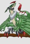 anthro bandai_namco claws digimon feathers feet galemon green_body green_feathers hi_res laser_book male mask neck_tuft perched solo talons toes tuft winged_arms wings