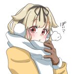  1girl alternate_costume brown_gloves fur-trimmed_gloves fur_trim gloves hair_flaps highres jacket kantai_collection long_hair no_chi_(aka_hara) poi red_eyes scarf simple_background solo white_background white_scarf yellow_jacket yuudachi_(kancolle) yuudachi_kai_ni_(kancolle) 