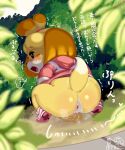 absurd_res animal_crossing anthro anus big_butt blush bodily_fluids butt canid canine canis clothed clothing crouching domestic_dog female fur genital_fluids genitals hi_res isabelle_(animal_crossing) mammal nintendo peeing pussy sake_kemosalmon shih_tzu short_stack solo toy_dog urine yellow_body yellow_fur