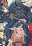 1girl blue_capelet blue_robe blush breasts capelet cleavage clenched_teeth dungeon_meshi elf large_breasts long_hair long_sleeves marcille_donato multiple_views open_mouth pants plant pointy_ears robe shiseki_hirame staff teeth upside-down vines white_pants 