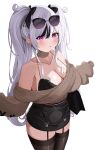  1girl absurdres azur_lane belted_skirt black_bra black_garter_straps black_hair bow bra bra_peek bra_strap breasts brown_sweater cleavage collarbone elbe_(azur_lane) elbe_(pure-hearted_bad_girl)_(azur_lane) eyewear_on_head garter_straps hair_bow highres lace-trimmed_bra lace_trim large_breasts multicolored_hair off-shoulder_sweater off_shoulder official_alternate_costume streaked_hair sunglasses sweater sweater_tucked_in twintails underwear white_background white_hair yami_(darknight449) 