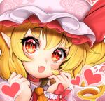  1girl alice_vu ascot blonde_hair bow close-up fang fingernails flandre_scarlet floral_print floral_print_headwear hair_between_eyes happy heart looking_at_viewer nail_polish one_side_up open_mouth pointy_ears print_shirt puffy_short_sleeves puffy_sleeves red_bow red_eyes red_nails red_vest rose_print sharp_fingernails shirt short_sleeves solo touhou vest white_headwear wrist_cuffs yellow_ascot 