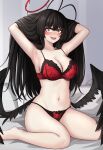  1girl :d absurdres ahoge aoikito_lavender086 barefoot black_hair black_wings blue_archive blush bra breasts cleavage fang hair_lift halo highres large_breasts long_hair low_wings navel open_mouth panties red_bra red_eyes red_panties sitting smile solo stomach thighs tsurugi_(blue_archive) underwear very_long_hair wariza wings 