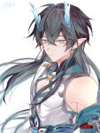  1boy absurdres aqua_horns arms_at_sides artist_name black_hair cleavage_cutout clothing_cutout collared_shirt commentary_request dan_heng_(honkai:_star_rail) dan_heng_(imbibitor_lunae)_(honkai:_star_rail) earrings highres honkai:_star_rail honkai_(series) horns jewelry koukai_sita long_hair looking_at_viewer male_focus parted_lips pectoral_cleavage pectorals pointy_ears shirt signature simple_background single_bare_shoulder solo upper_body very_long_hair white_background 