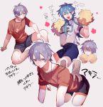  2boys absurdres akira_(togainu_no_chi) all_fours androgynous blue_hair blue_shorts blush cheerleader closed_eyes company_connection crossover dramatical_murder expressionless flower grey_eyes grey_hair groping hair_between_eyes happy highres jewelry long_hair looking_at_viewer male_focus multiple_boys necklace open_mouth orange_shirt outline pink_flower sakiha seragaki_aoba shirt short_hair shorts sitting togainu_no_chi translation_request upper_body white_background white_outline 