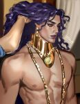 1boy abs bare_shoulders battle_tendency blurry blurry_background earrings eyelashes from_side gold_earrings gold_necklace highres jewelry jojo_no_kimyou_na_bouken kars_(jojo) kimmy_art long_hair looking_to_the_side male_focus muscular muscular_male necklace nipples parted_lips pectorals purple_hair purple_lips realistic red_eyes signature solo_focus topless_male upper_body wavy_hair 