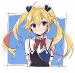  1girl :3 ahoge black_ribbon blonde_hair blue_background blue_eyes blush bow closed_mouth commentary crossed_bangs floating_hair grisaia_(series) grisaia_no_kajitsu hair_between_eyes hair_ribbon long_hair looking_at_viewer matsushima_michiru plaid plaid_bow red_bow ribbon school_uniform short_eyebrows short_sleeves signature simple_background sketch smile solo twintails two-tone_background u35 upper_body white_background 