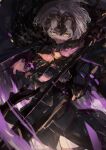  1girl armor armored_dress black_armor cape cloak dark fate/samurai_remnant fate_(series) fur-trimmed_cape fur-trimmed_cloak fur_trim headpiece highres holding holding_polearm holding_weapon jeanne_d&#039;arc_alter_(lancer)_(fate) plackart polearm purple_cape short_hair solo thighhighs torn_cape torn_clothes weapon white_hair yellow_eyes yorurokujuu 