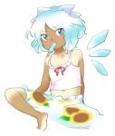  1girl bare_shoulders barefoot bloomers blue_bow blue_eyes blue_hair blue_wings bow camisole cirno fairy flat_chest floral_print food food_in_mouth hair_bow ice ice_wings light_blue_hair navel nonamejd official_style popsicle popsicle_in_mouth red_ribbon ribbon short_hair simple_background solo sunflower_print tan tanlines tanned_cirno touhou white_background white_bloomers white_camisole wings zun_(style) 