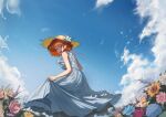  1girl absurdres blue_dress blue_flower blue_ribbon blue_sky brown_eyes cloud day dress feet_out_of_frame flower hat hat_flower highres l3lacky623 looking_at_viewer mole mole_under_eye open_mouth orange_hair original outdoors pink_flower ribbon short_hair skirt_hold sky sleeveless sleeveless_dress smile solo straw_hat teeth white_flower yellow_flower yellow_headwear 