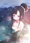  1girl asymmetrical_bangs bare_shoulders black_hair blunt_bangs breasts closed_mouth collarbone commentary_request eunhwa_(nikke) fummy goddess_of_victory:_nikke hair_bun highres long_hair looking_at_viewer naked_towel onsen parted_bangs partially_submerged purple_eyes seiza sitting small_breasts snowing solo towel water 