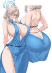  1girl ako_(blue_archive) ako_(blue_archive)_(cosplay) ako_(dress)_(blue_archive) ass asuna_(blue_archive) backless_dress backless_outfit bare_back bare_shoulders blonde_hair blue_archive blue_dress blue_eyes breasts commentary cosplay cowboy_shot dress from_behind grin highres kuavera large_breasts long_hair looking_at_viewer mole mole_on_breast multiple_views plunging_neckline simple_background sleeveless sleeveless_dress smile standing thighs white_background 
