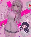  2girls :q bandaged_arm bandages bed black_hair brown_hair chi_gu collared_shirt cowboy_shot danganronpa_(series) danganronpa_2:_goodbye_despair dress_shirt galaga grey_background hair_ornament hands_up highres holding holding_syringe long_hair medium_hair miniskirt multiple_girls nanami_chiaki outline pill pink_background pink_eyes pink_shirt pleated_skirt puffy_short_sleeves puffy_sleeves shiny_skin shirt short_sleeves skirt smile stethoscope syringe tongue tongue_out tsumiki_mikan white_outline white_shirt 