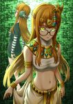  1girl ahoge armlet bandages black_shirt bracelet breasts chest_sarashi circlet closed_eyes closed_mouth dual_persona egyptian_clothes glasses gold_bracelet green_background green_shorts highres jewelry long_hair looking_at_viewer masatoshi_1219 midriff multiple_views orange_hair persona persona_5 sakura_futaba sarashi shadow_futaba shirt short_shorts shorts skirt small_breasts striped_sleeves tiara very_long_hair white_skirt yellow_eyes 