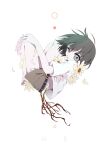  1boy barefoot belt black_hair commentary flower full_body highres looking_at_viewer male_focus nomura_kitan original petals petals_in_mouth ribbon roots short_hair short_shorts shorts solo symbol-only_commentary 