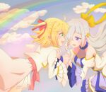  2girls anisphia_wynn_palettia blonde_hair blush cloud commentary dress euphyllia_magenta floating frilled_sleeves frills green_eyes grey_hair hair_over_one_eye hair_ribbon highres holding_hands jacket long_hair long_sleeves medium_hair midair multiple_girls open_mouth outdoors pink_ribbon purple_dress purple_eyes qqwan120 rainbow red_ribbon ribbon smile tensei_oujo_to_tensai_reijou_no_mahou_kakumei two-tone_dress white_dress white_jacket yellow_ribbon yuri 