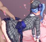  1boy 1girl absurdres all_fours ass ass_grab ass_ripple back blue_hair blue_ribbon clothed_female_nude_male clothed_sex clothes_lift commentary_request doggystyle dress dress_lift frilled_dress frills hair_ribbon hetero highres hololive hoshimachi_suisei medium_hair nude partial_commentary plaid plaid_dress ribbon sex sex_from_behind short_dress side_ponytail solo_focus thighs vaginal virtual_youtuber zellam 