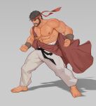  1boy abs absurdres bara bare_pectorals barefoot beard bulge clenched_hands dougi elevinxi facial_hair from_side full_beard full_body highres large_pectorals legs_apart looking_ahead male_focus mature_male muscular muscular_male nipples pectorals ryu_(street_fighter) sash serious short_hair shoulder_sash solo standing street_fighter street_fighter_6 thick_beard thick_eyebrows thick_thighs thighs 