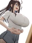  1girl :d black_hair blue_eyes breasts commentary_request grey_shorts highres huge_breasts long_hair navel oekakizuki open_mouth original plump shirt short_shorts short_sleeves shorts simple_background smile solo stomach teeth upper_teeth_only white_background white_shirt 