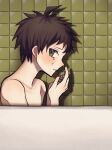  1boy ahoge bathtub blush brown_eyes brown_hair completely_nude danganronpa_(series) danganronpa_2:_goodbye_despair from_side hands_up highres hinata_hajime kun_(oxx_kn_xxo) looking_at_viewer nude short_hair smile solo tears teeth tile_wall tiles 