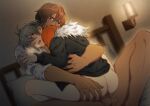  2boys akira_(togainu_no_chi) anal asahi_(baiyameng) ass ass_grab beard_stubble blurry blush bottomless brown_eyes brown_hair commentary_request cum cum_in_ass dark-skinned_male dark_skin erection facial_hair grey_eyes grey_hair hair_between_eyes indoors looking_at_another male_focus mature_male motion_blur motomi_(togainu_no_chi) multiple_boys on_bed one_eye_closed open_clothes open_mouth orange_shirt penis sex shirt short_hair steam_from_mouth stubble testicles togainu_no_chi white_shirt yaoi 