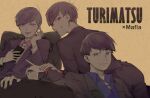  3boys bishounen black_jacket black_pants blue_eyes blue_shirt brothers brown_background cellphone chair collared_shirt couch cup drinking_glass english_text grin highres holding holding_phone jacket long_sleeves looking_at_viewer looking_back male_focus matsuno_karamatsu matsuno_osomatsu matsuno_todomatsu multiple_boys necktie official_alternate_costume open_mouth osomatsu-san pants paper_texture phone pink_eyes pink_shirt red_eyes red_shirt rohi_(luzi) shirt short_hair shot_glass siblings smartphone smile white_necktie 